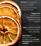 Lifestyle graphic with dried orange slices and health claims about key ingredients in FIT Pro. Text highlights benefits of vitamin C, magnesium, and zinc alongside its probiotic and collagen blend.
