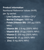 Close-up image of FIT Pro’s nutritional reference values per 3g sachet, including 20 billion CFU live cultures, 1000 mg marine collagen, and high percentages of vitamins B6, B9, B12, C, D, and zinc.