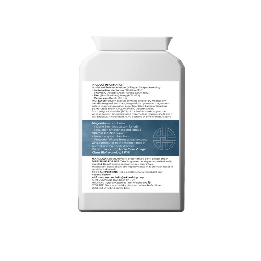 Nutritional breakdown of Hydro₂ Pro, listing magnesium blend, L. plantarum, vitamin C, zinc, and supportive ingredients like FOS and apple cider vinegar
