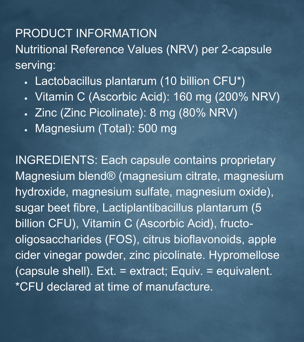 Close-up text panel showing 10 billion CFU, 500 mg magnesium, and immune-supporting nutrients like zinc and vitamin C.