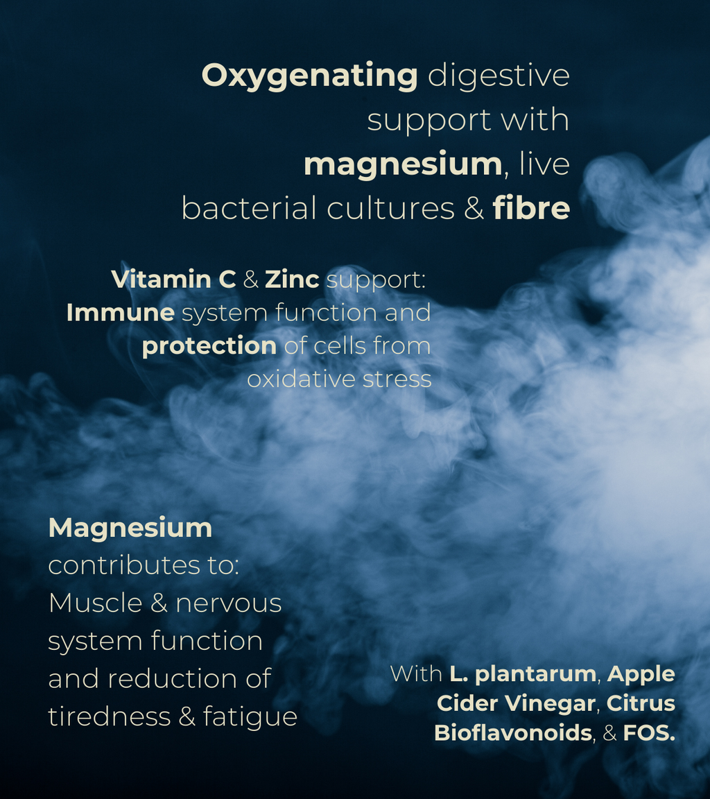 Graphic with smoke effect and bold typography highlighting benefits of oxygenation, muscle function, immune health, and digestive clarity.