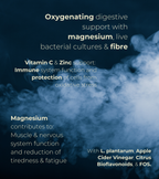 Graphic with smoke effect and bold typography highlighting benefits of oxygenation, muscle function, immune health, and digestive clarity.