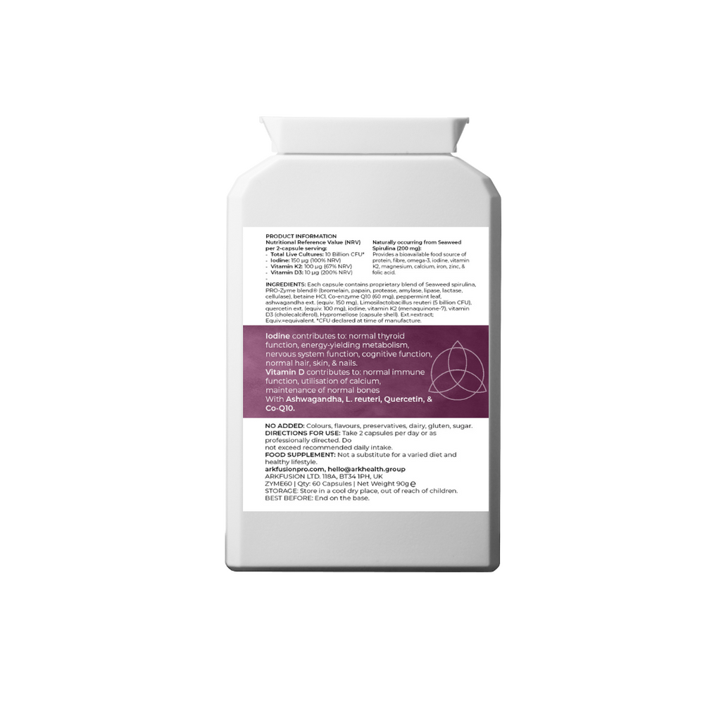 Back view of the ARK Fusion PRO Zyme supplement bottle showing product information and ingredients. Nutritional highlights include iodine, vitamin K2, vitamin D3, and 10 billion live cultures. The purple band highlights health claims related to thyroid function, cognitive function, energy metabolism, and nervous system support. The bottom section displays usage directions, allergen advice, and manufacturer details.