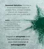 Text overlay on a textured background with seaweed spirulina powder. Highlights include: “Seaweed Spirulina provides a bioavailable food source of protein, fibre, omega-3, iodine, and key minerals”. Iodine supports thyroid, metabolism, and cognitive function. Product described as “Digestive enzymes with live bacterial cultures, essential minerals & ashwagandha”.