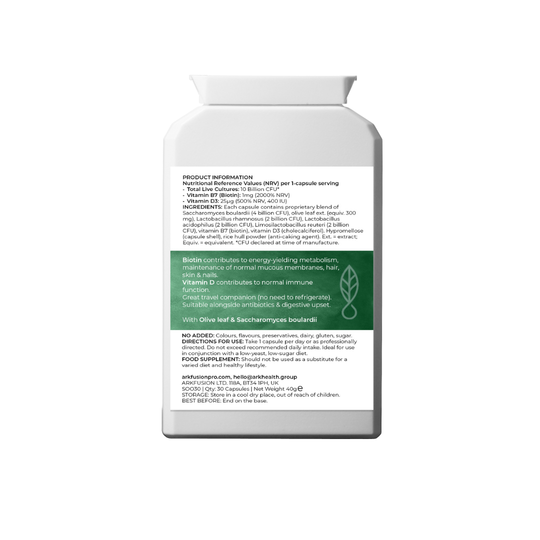 Back view of ARK Fusion Soothe Biotix bottle. Shows full nutritional panel and directions. Emphasises inclusion of olive leaf extract and Saccharomyces boulardii, suitable during antibiotic use. Notes "No added colours, dairy, gluten or sugar."