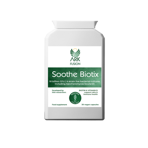 Front view of ARK Fusion Soothe Biotix bottle, featuring a green label. Highlights include "10 billion CFU," 4-strain live bacterial cultures including Saccharomyces boulardii, biotin and vitamin D for skin and immune health, with icons and taglines: “Restore” and “Feel Rest."