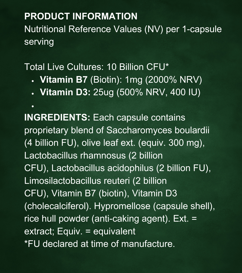 Nutritional reference values per capsule of Soothe Biotix. Highlights include 10 billion CFU, Vitamin B7 (Biotin) 1mg (2000% NRV), and Vitamin D3 (25μg, 500% NRV). Lists 4 probiotic strains and key plant ingredients like olive leaf extract.